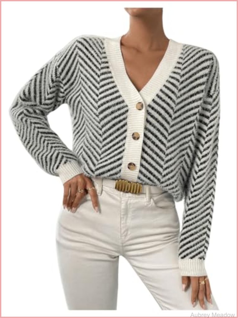Striped Button Up Cardigan V Neck Drop Shoulder Casual Knit Cardigan
